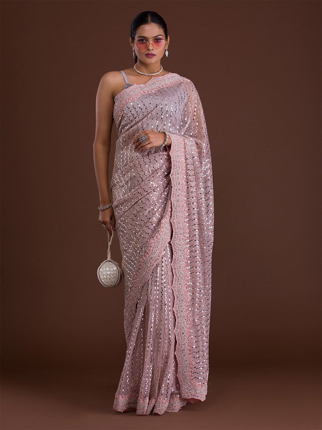 Koskii Peach-Coloured & Silver-Toned Embellished Mirror Work Supernet Saree Price in India