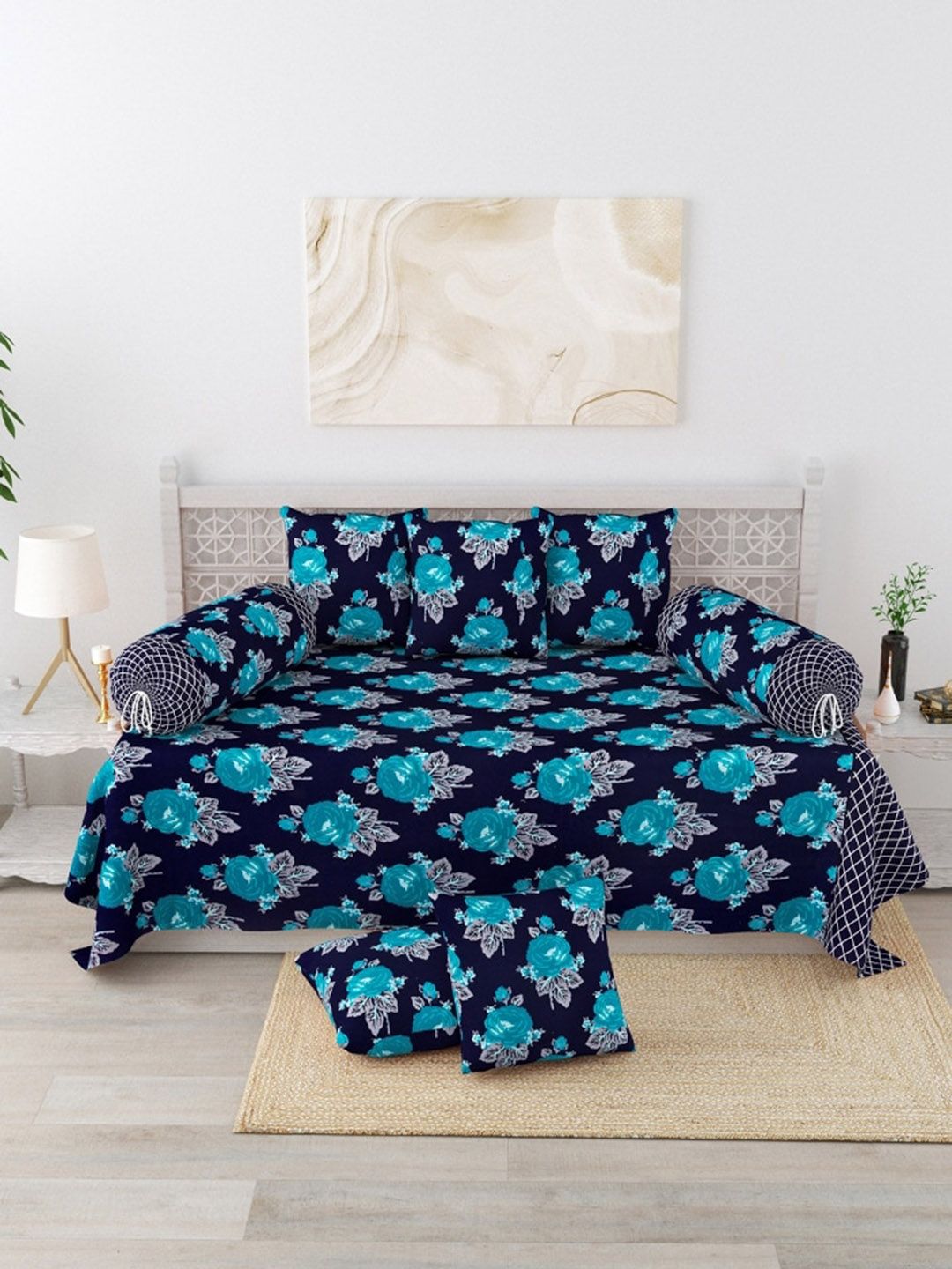 Salona Bichona Set Of 8 Blue Printed Cotton Single Bedsheet With Bolster Covers & Cushion Covers Price in India