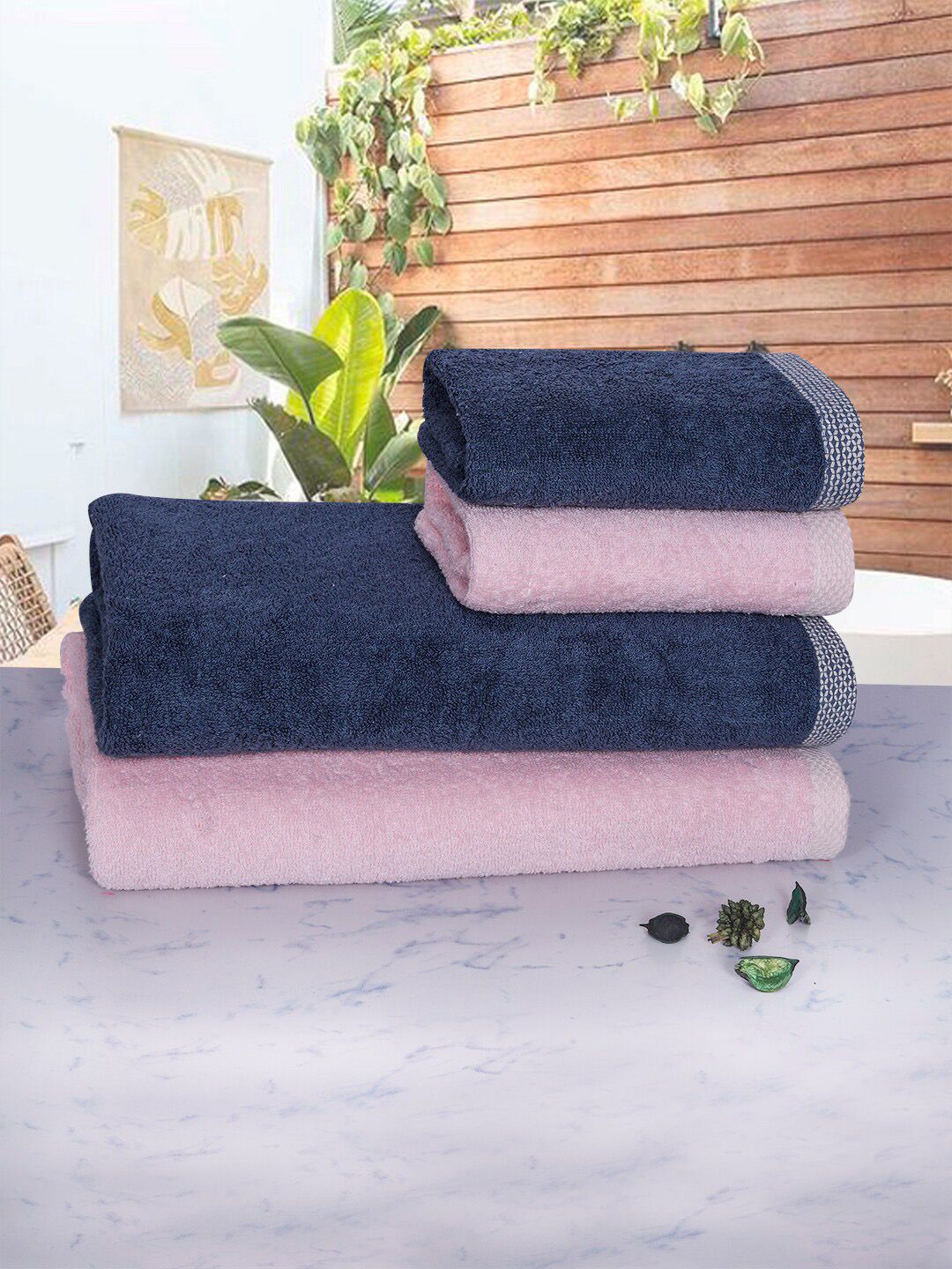 RANGOLI Set of 4 Pink & Blue Solid 100% Organic Bamboo 600 GSM Towel Set Price in India