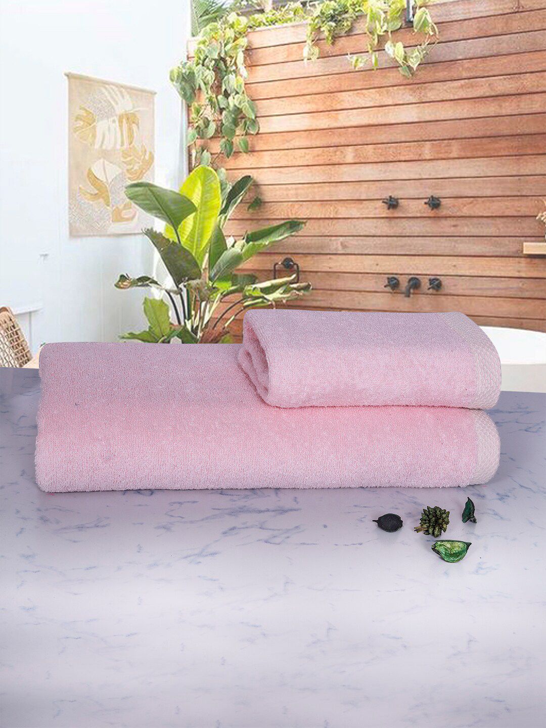 RANGOLI Set of 2 Pink Solid 600 Gsm Organic Bamboo Towel Set Price in India