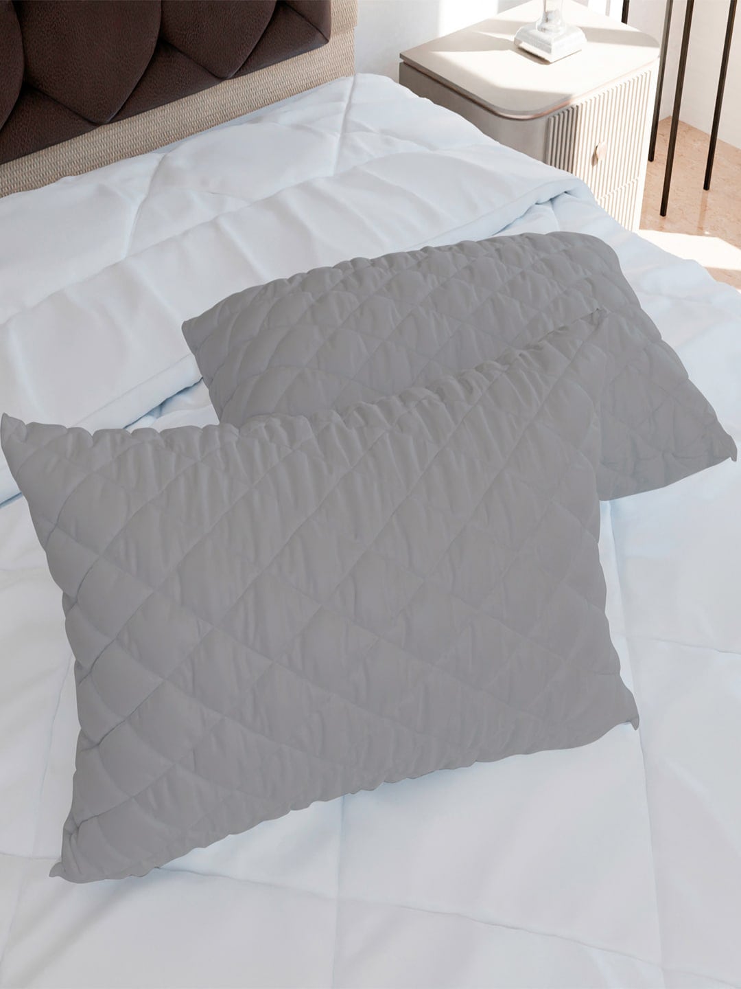 AVI Set Of 2 Grey Quilted Microfiber Pillows Price in India