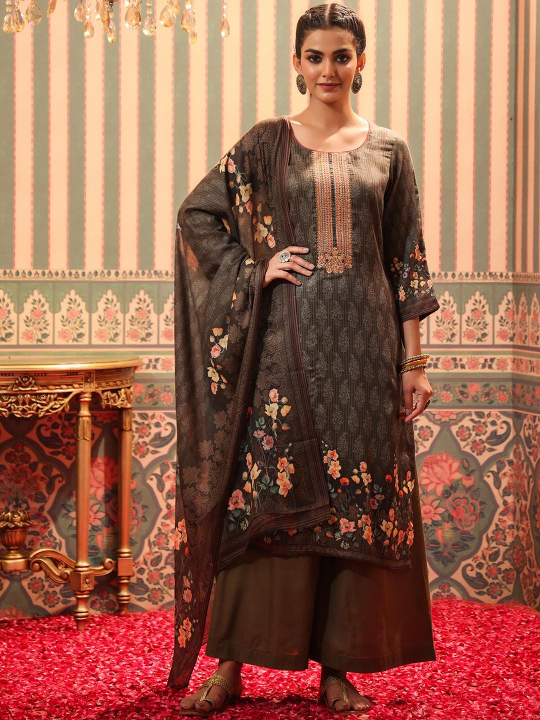 SCAKHI Women Green Floral Printed High Slit Kurta with Palazzos & With Dupatta Price in India