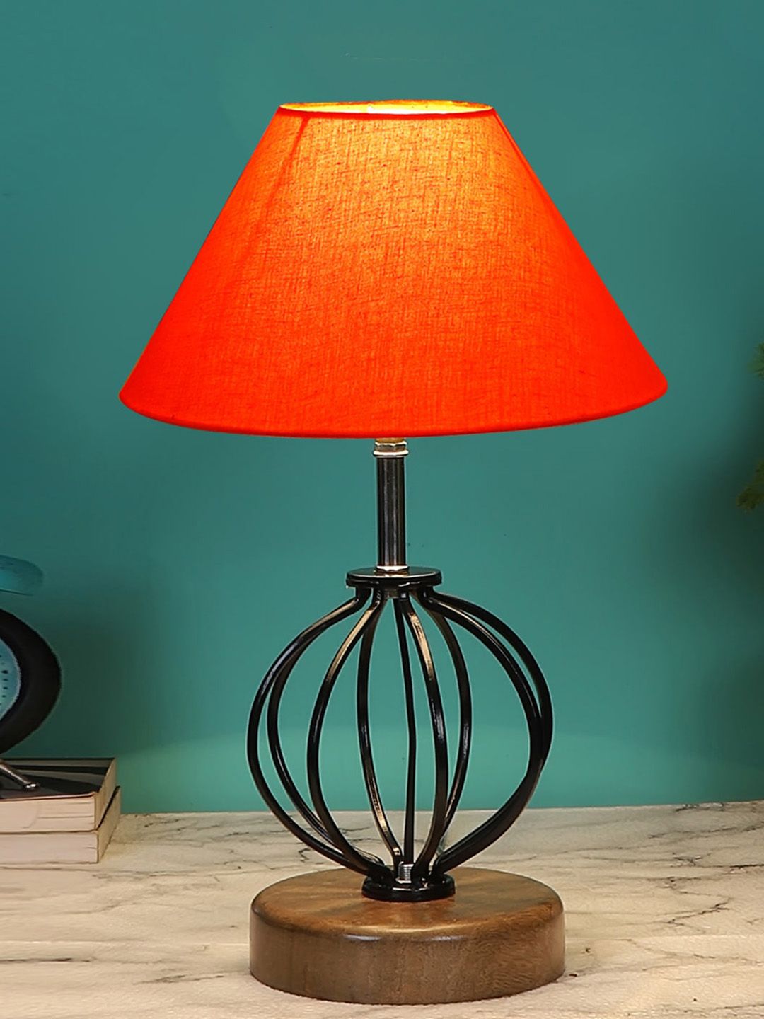 Devansh Orange & Black Solid Traditional Frustum Table Lamp Price in India