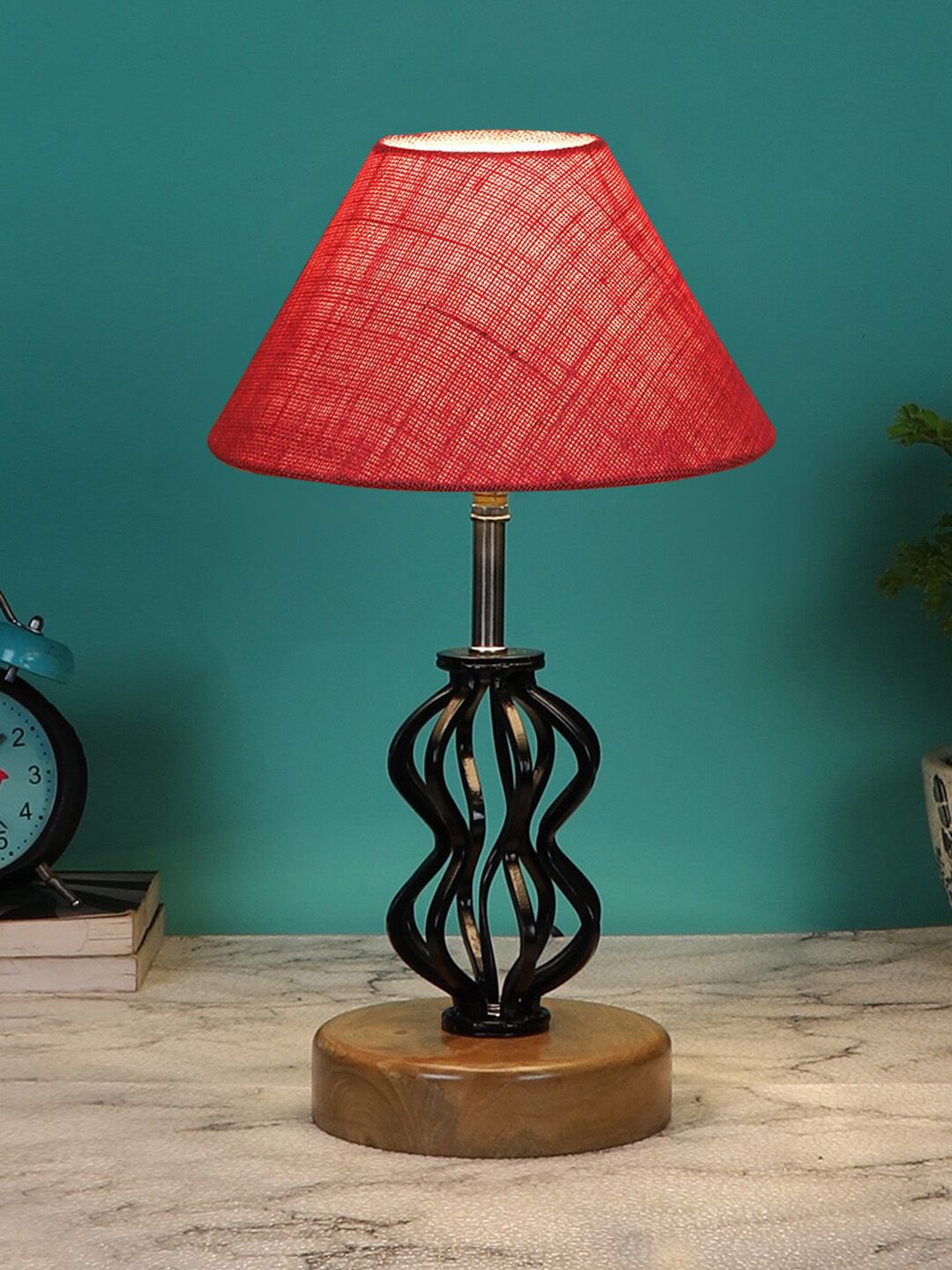 Devansh Pink & Black Solid Jute Table lamp with Wood Base Price in India