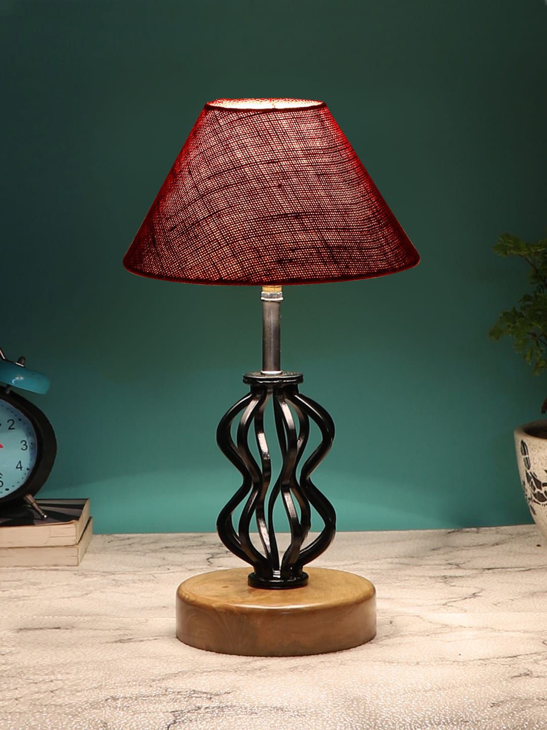 Devansh Maroon & Black Solid Frustum Shaped Jute Table Lamp Price in India