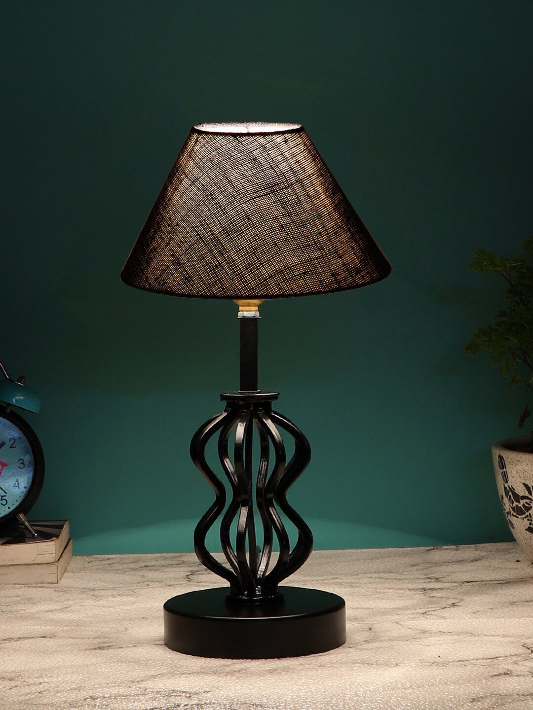 Devansh Blue & Black Textured Frustum Shaped Table Lamp Price in India