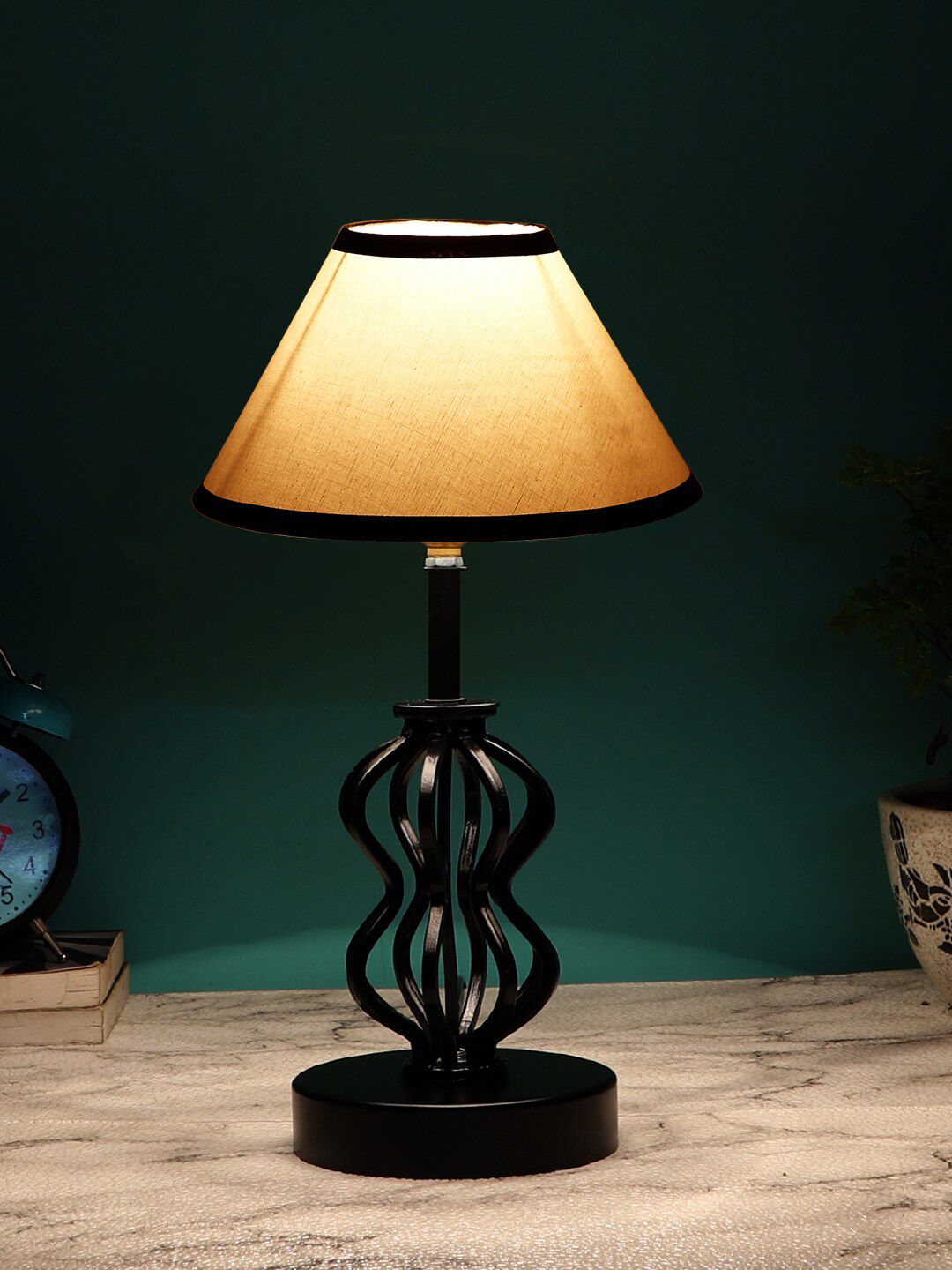Devansh White & Black Solid Cotton Table Lamps With  Iron Base Price in India