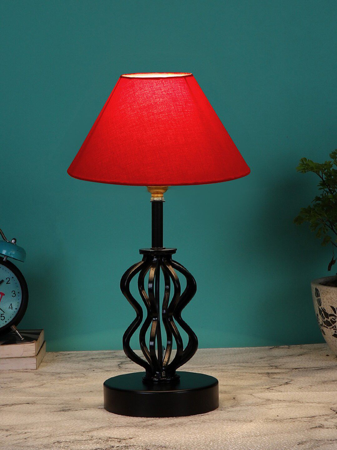 Devansh Red & Black Solid Table Lamp With Shade Price in India