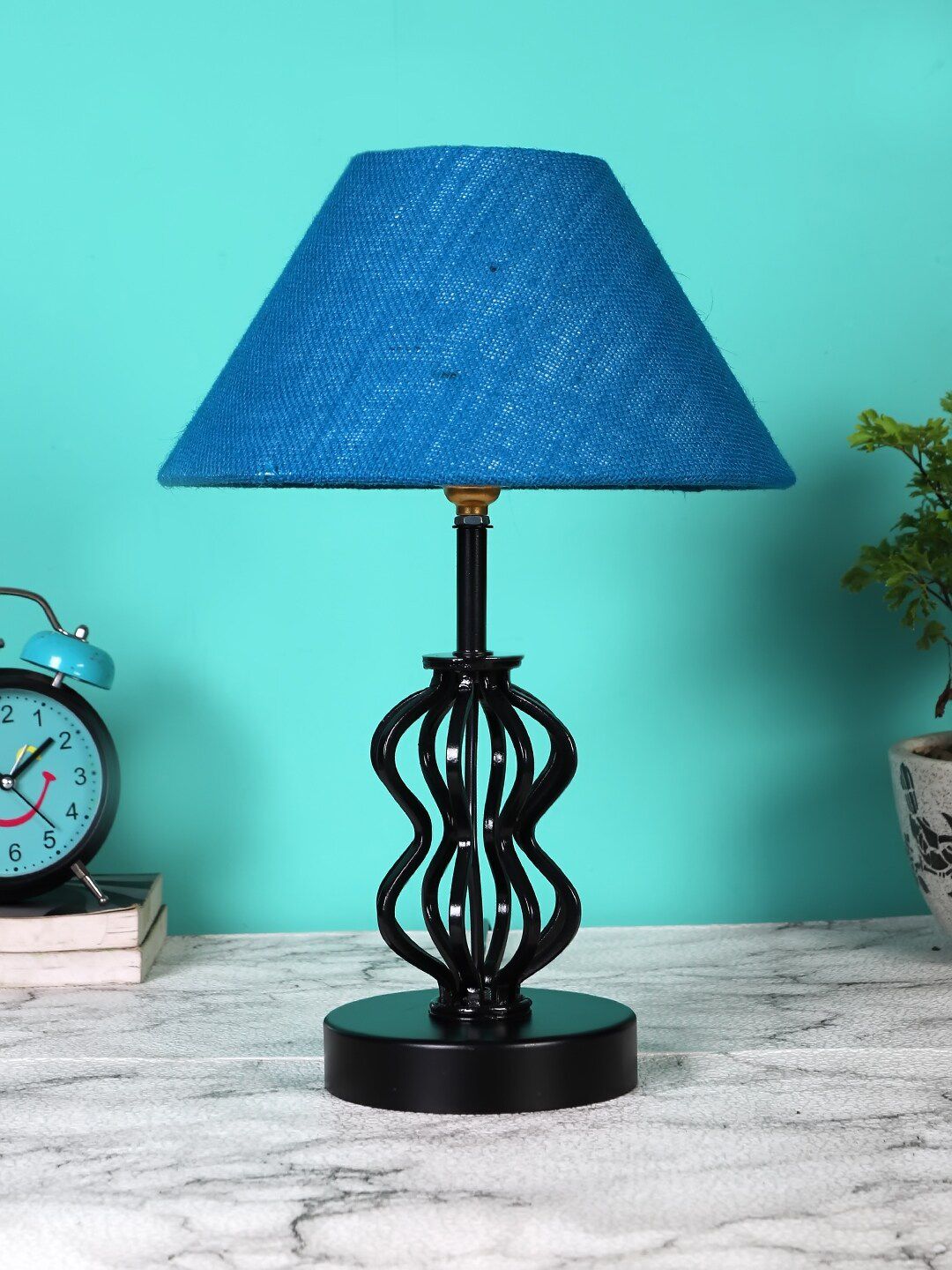 Devansh Turquoise Blue & Black Textured Frustum Shaped Table Lamp Price in India