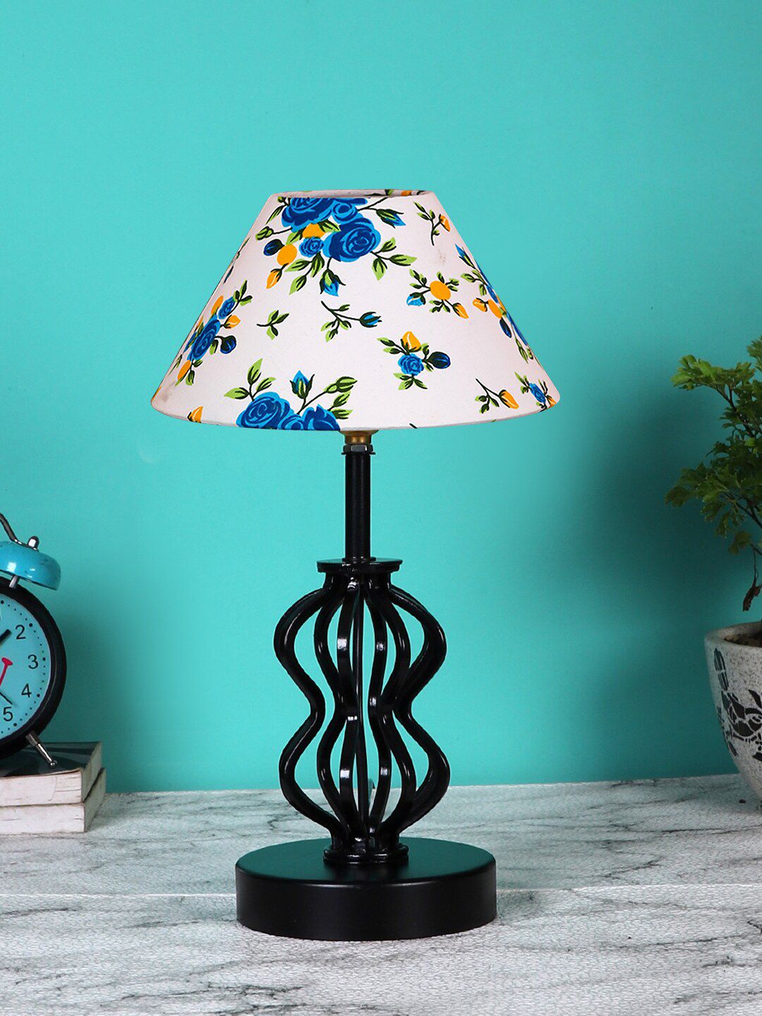 Devansh White & Blue Floral Printed Table Lamp Price in India