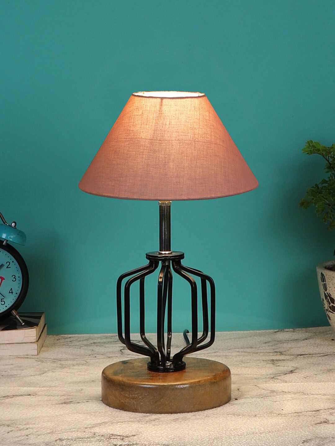Devansh Grey & Black Solid Table Lamps With  Wood Base Price in India