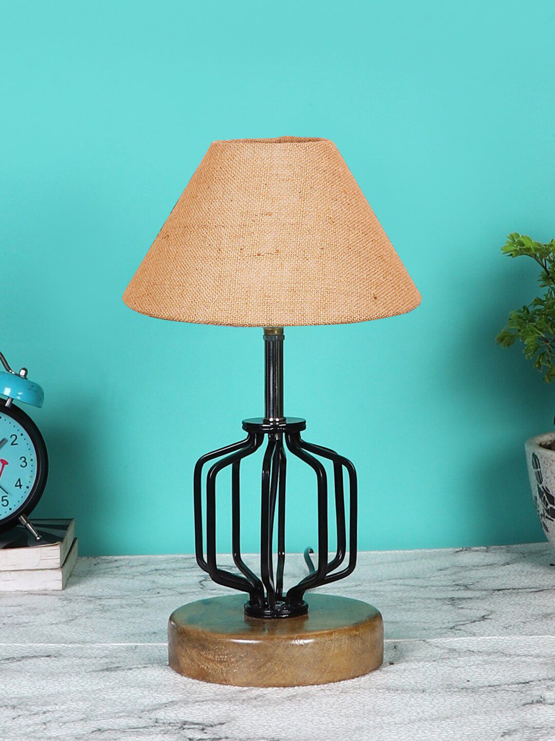 Devansh Beige & Black Solid Table Lamps With Wood Base Price in India