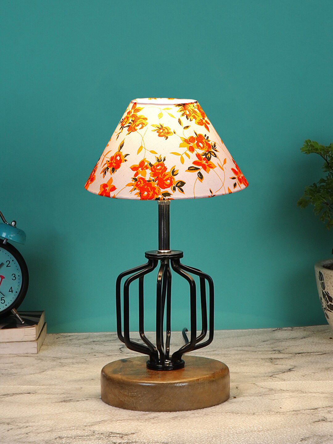 Devansh White & Orange Printed Frustum Shaped Table Lamp Price in India