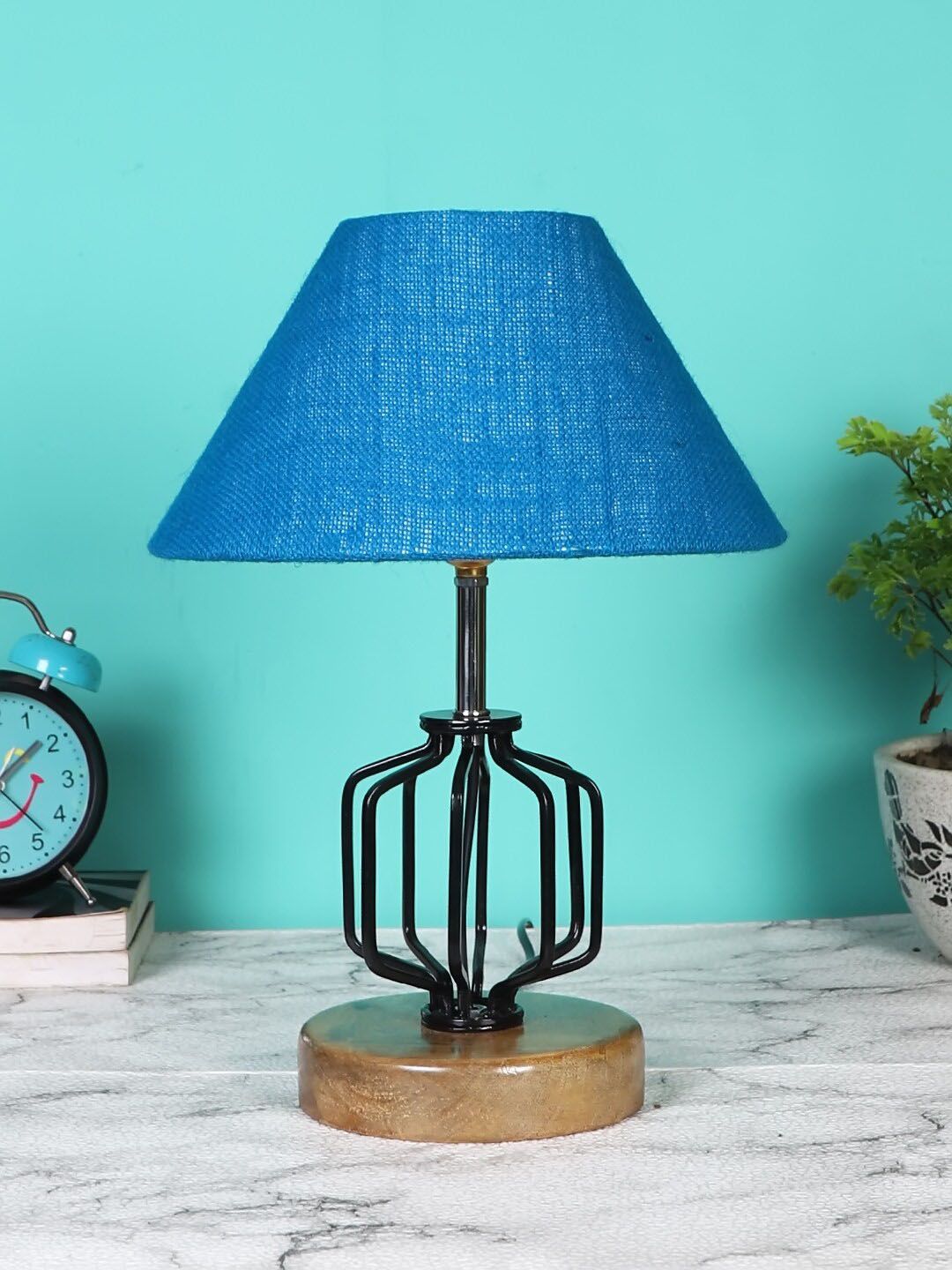 Devansh Turquoise Blue & Black Textured Frustum Shaped Table Lamp Price in India