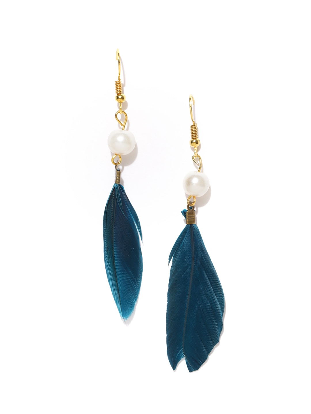 OOMPH Teal Blue & Off-White Feather-Shaped Handcrafted Drop Earrings Price in India