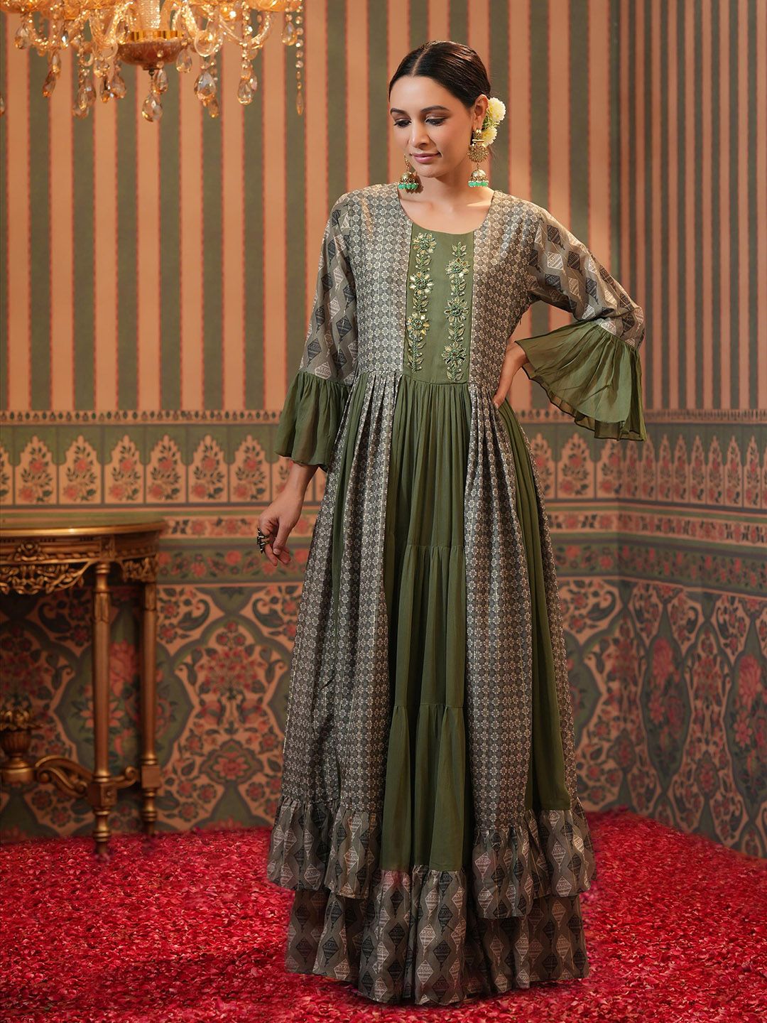SCAKHI Women Olive Green Ethnic Motifs Printed Flared Sleeves Indie Prints Georgette Anarkali Kurta Price in India