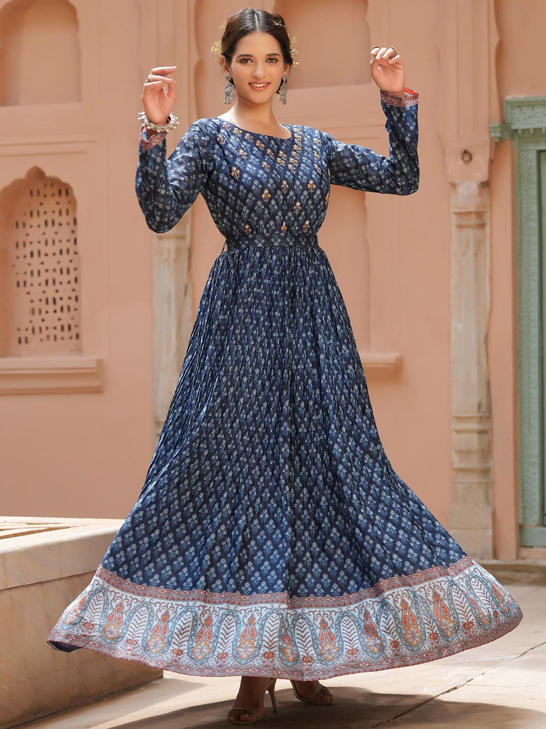 SCAKHI Women Navy Blue Ethnic Motifs Printed Thread Work Indigo Kurta Price in India