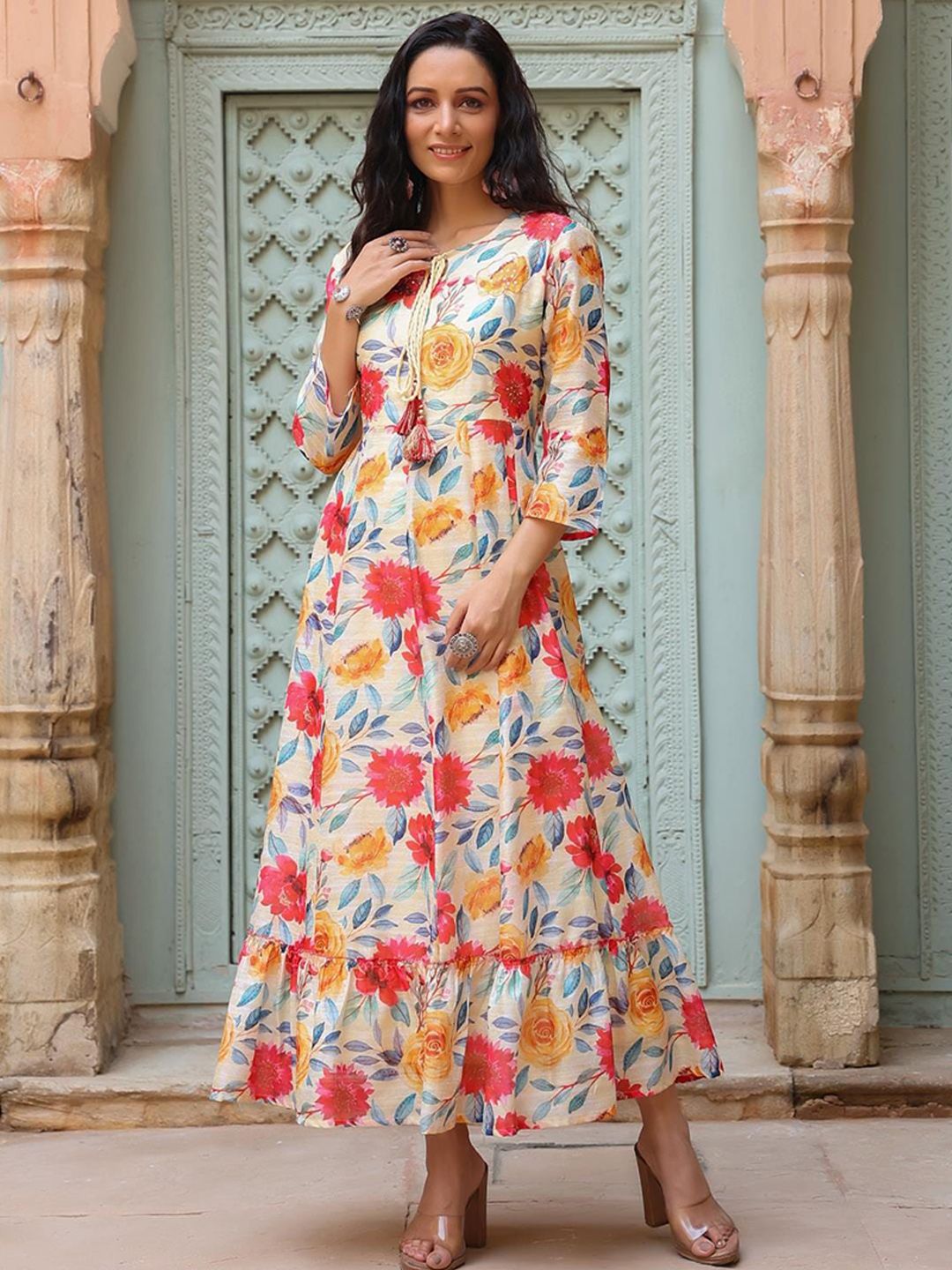 SCAKHI Women Yellow and Blue Floral Printed Ethinic Dress Price in India