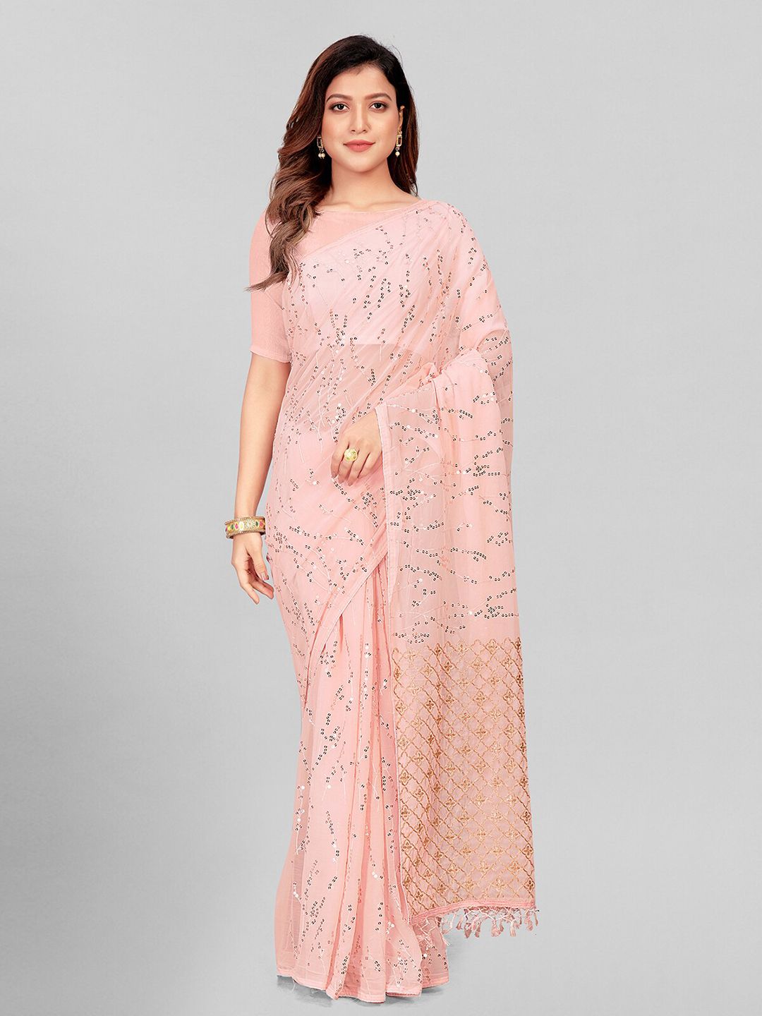 Granthva Fab Rose & Silver-Toned Embellished Sequinned Pure Georgette Saree Price in India