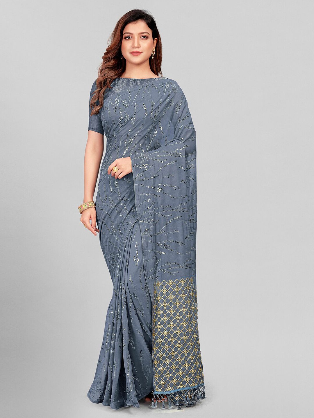 Granthva Fab Grey & Gold-Toned Embellished Sequinned Pure Georgette Saree Price in India