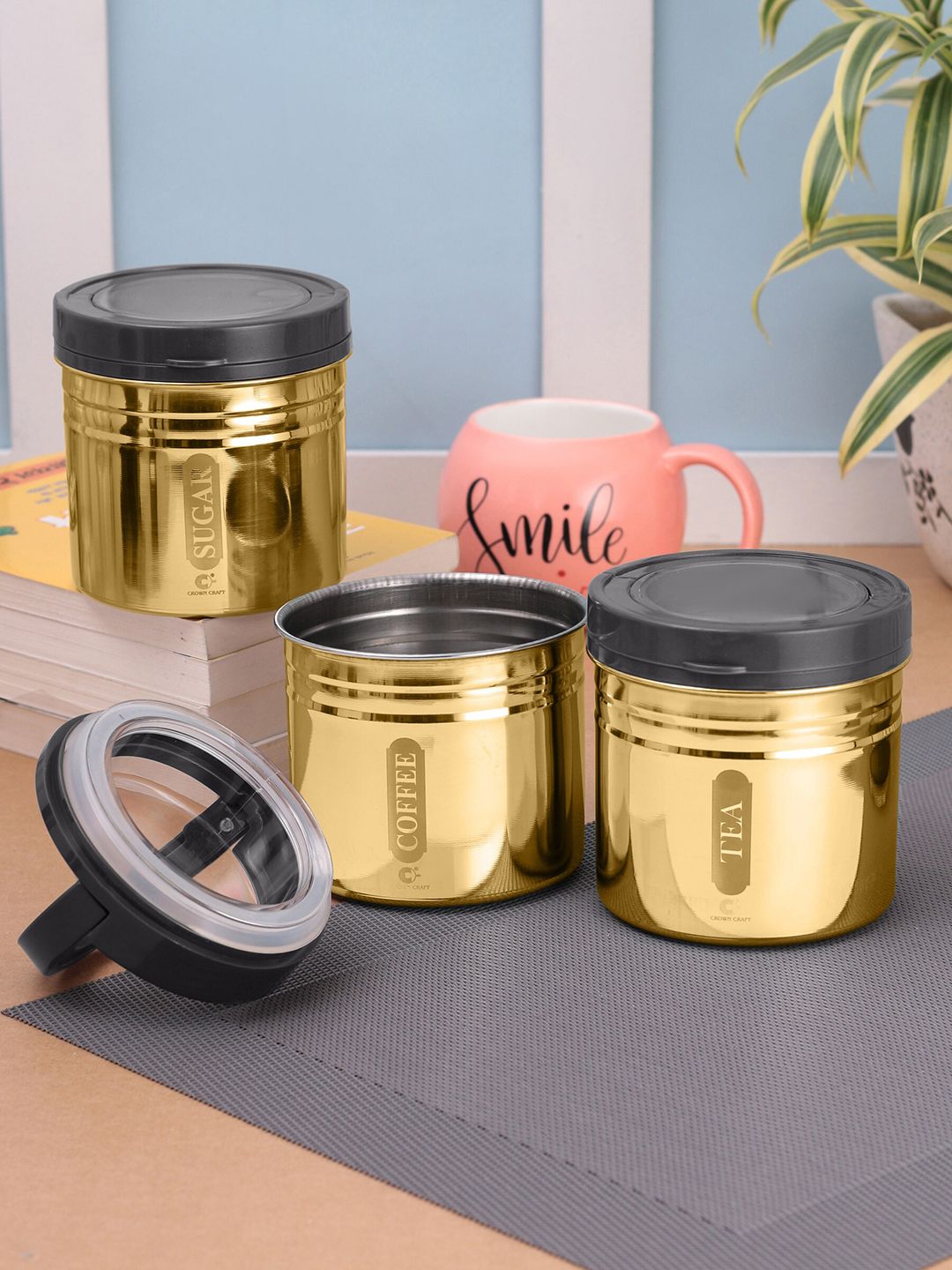 Crown Craft Set Of 3 Gold-Toned Printed Stainless Steel Containers Price in India