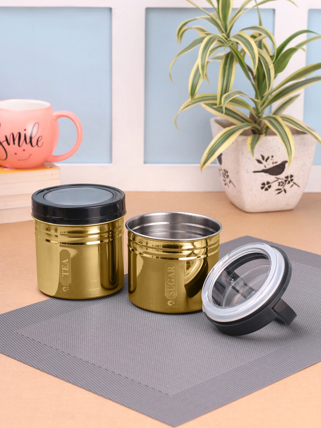 Crown Craft Set Of 2 Gold-Colored And Black Solid Stainless Steel Container Set Price in India