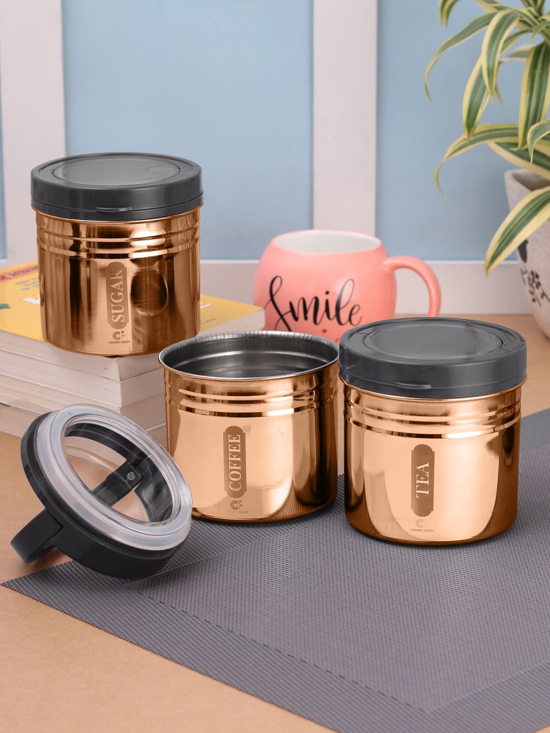 Crown Craft Set Of 3 Copper-Toned Solid Stainless Steel Kitchen Storage Price in India
