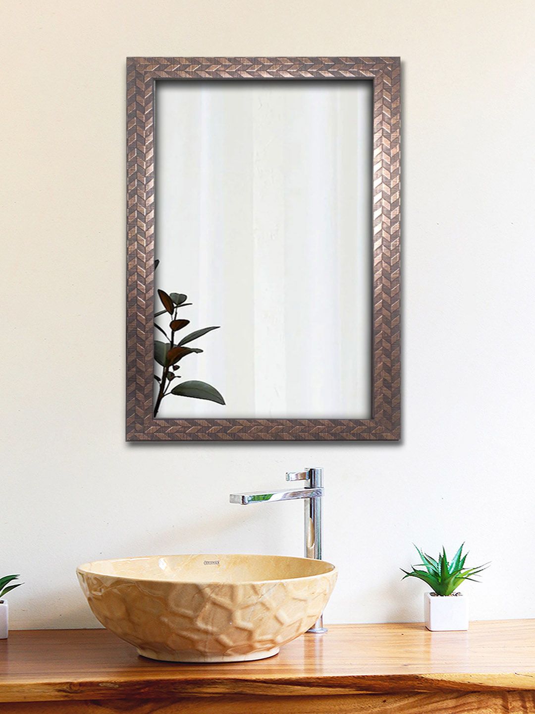 Art Street Dark-Brown Textured Wooden Framed Decorative Wall Mirror Price in India