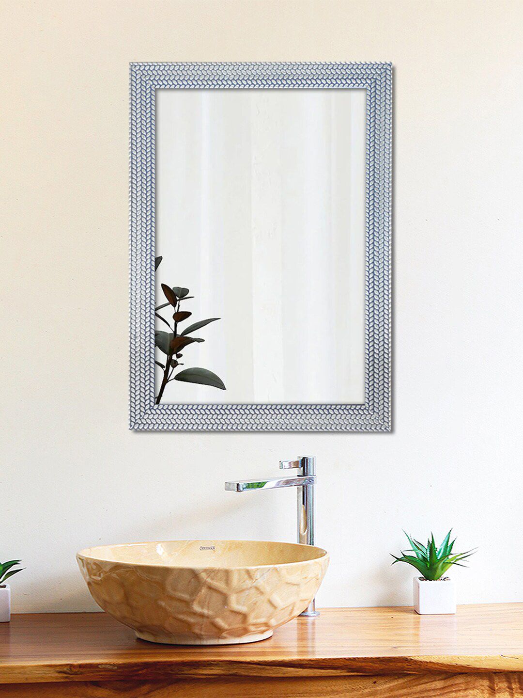 Art Street Silver-Colored Textured Wooden Rectangular Wall Mirror Price in India