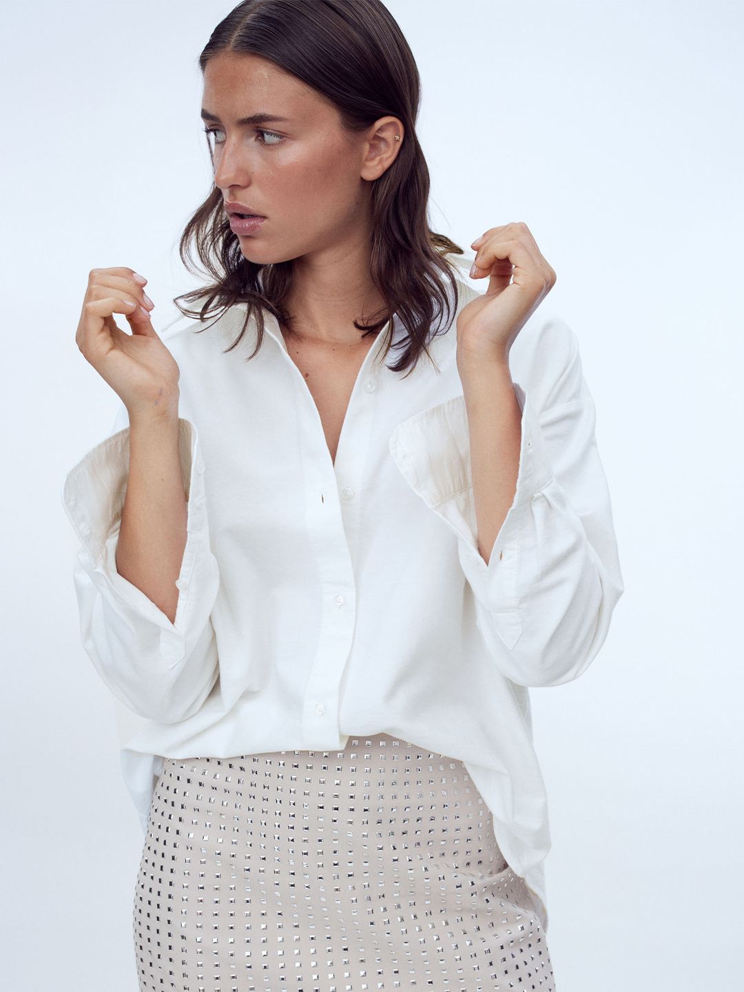 H&M Women White Solid Cotton Oversized Oxford Shirt Price in India