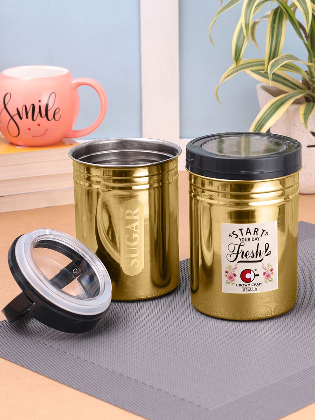 Crown Craft Set of 2 Gold-Toned Printed Stainless Steel Tea & Sugar Storage Containers Price in India