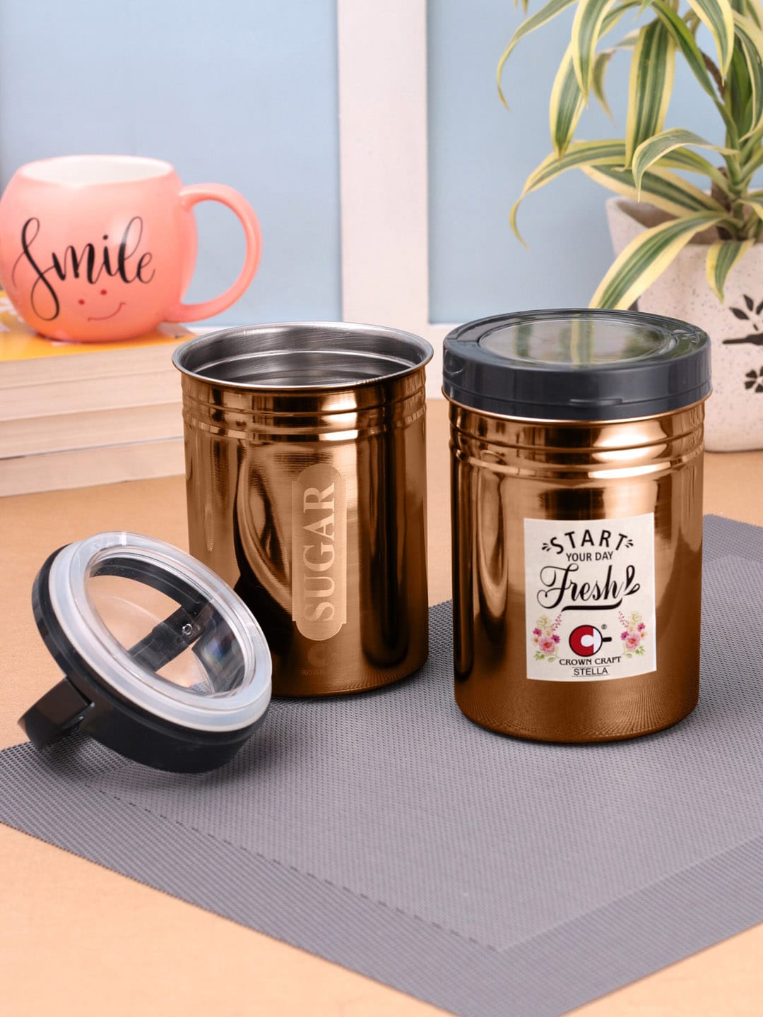 Crown Craft Set of 2 Stainless Steel Copper-Toned Tea-Sugar Kitchen Storage Price in India