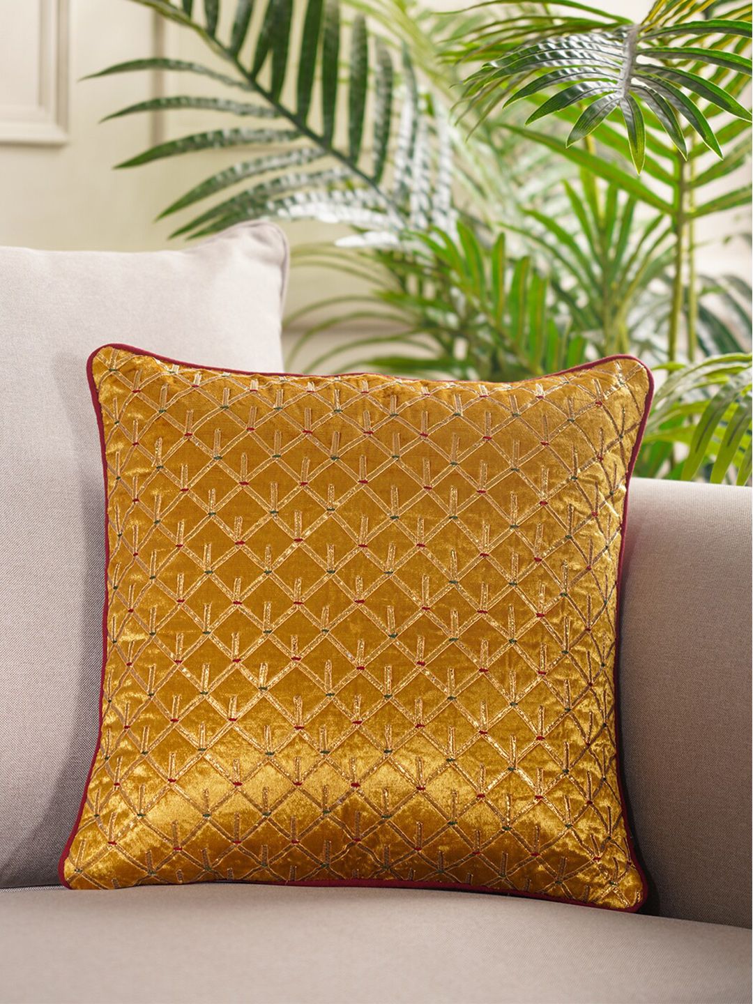 Pure Home and Living Gold-Toned & Red Set of 2 Geometric Velvet Square Cushion Covers Price in India