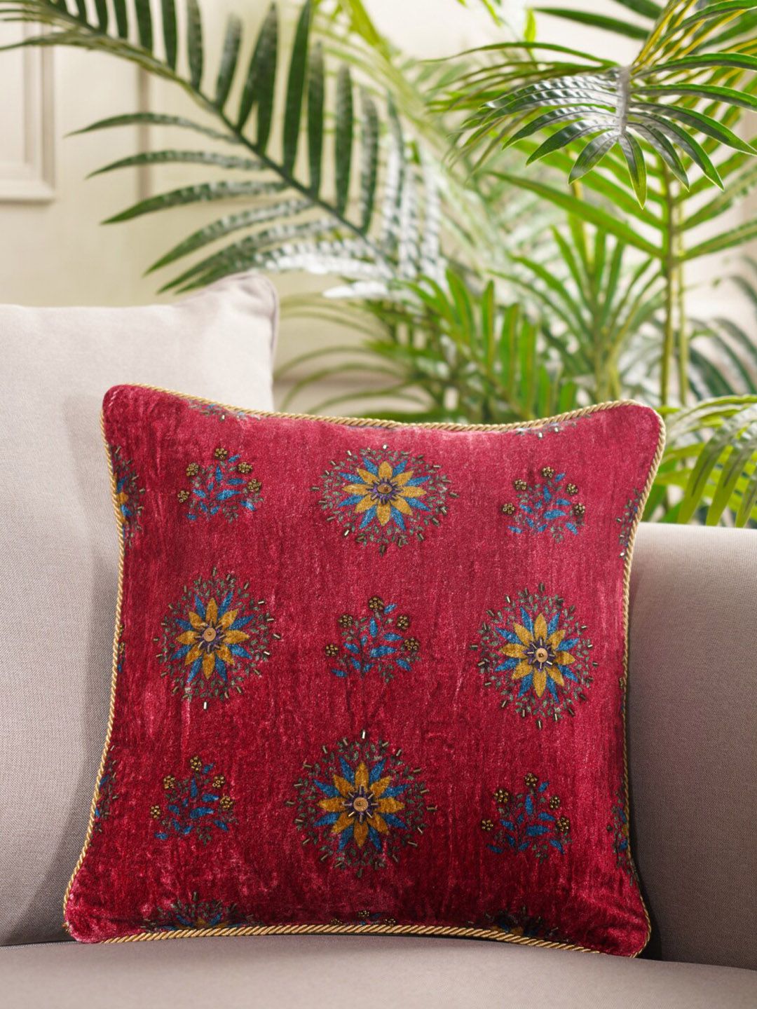 Pure Home and Living Red & Blue Floral Velvet Square Cushion Cover Price in India