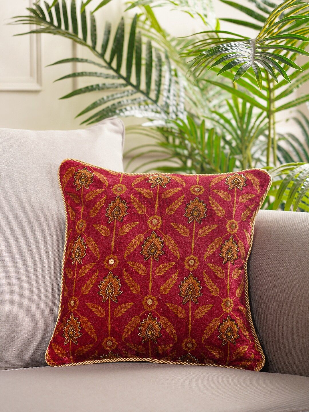 Pure Home and Living Red & Yellow Ethnic Motifs Velvet Square Cushion Covers Price in India