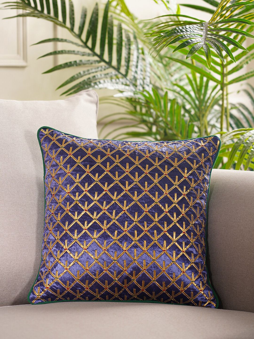 Pure Home and Living Blue & Green Geometric Velvet Square Cushion Covers Price in India