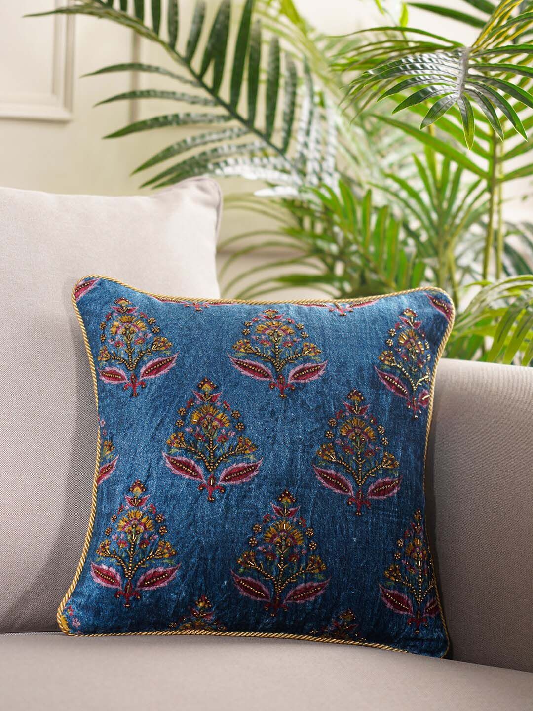 Pure Home and Living Teal & Red Embellished Velvet Square Cushion Cover Price in India