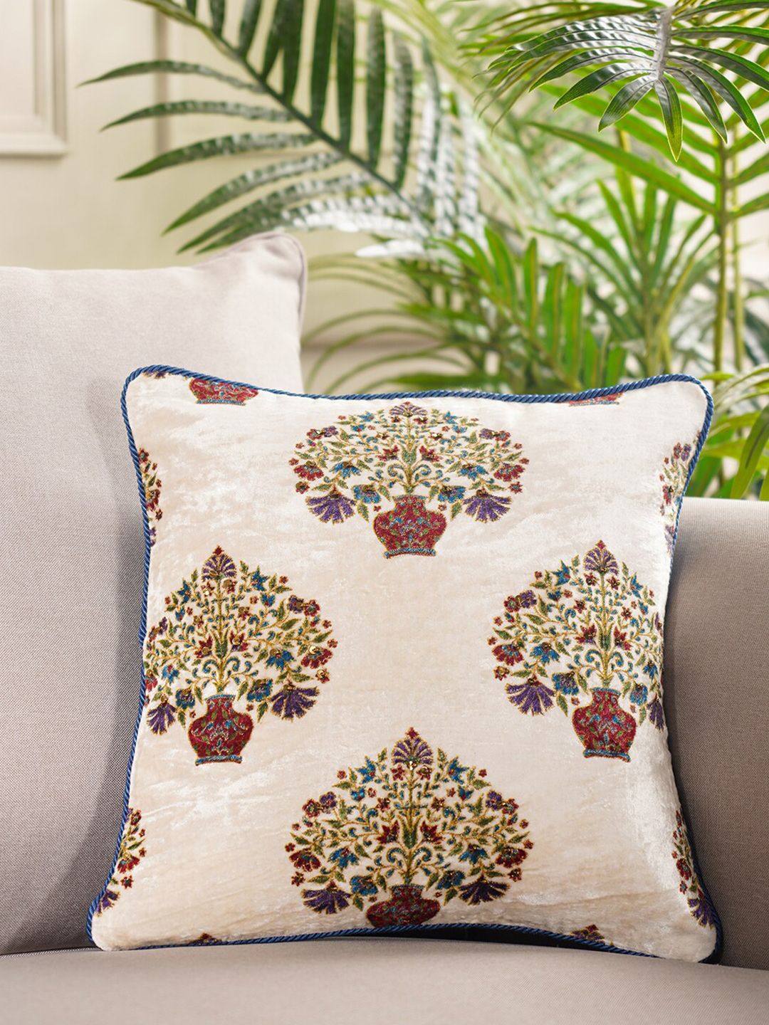 Pure Home and Living White & Purple Floral Velvet Square Cushion Covers Price in India