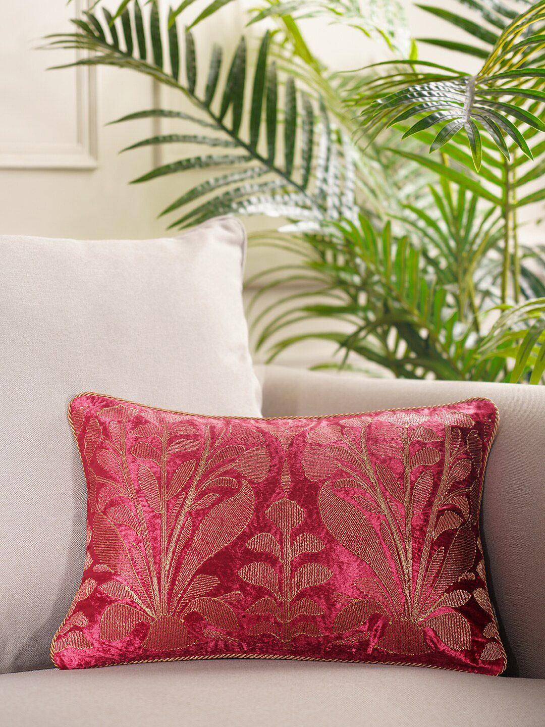 Pure Home and Living Red & Gold-Toned Floral Velvet Rectangle Cushion Covers Price in India