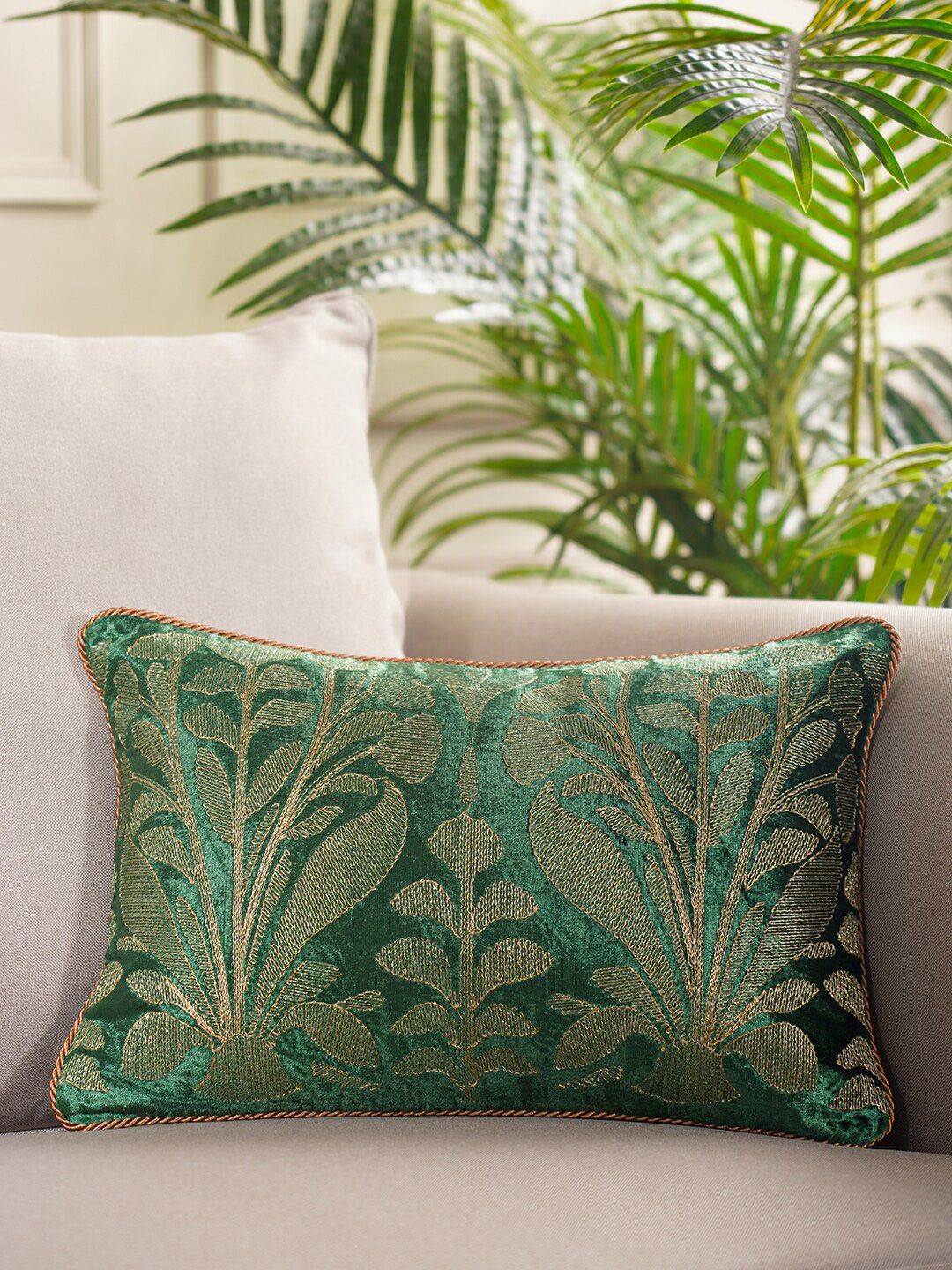 Pure Home and Living Green & Gold-Toned Floral Velvet Rectangle Cushion Covers Price in India