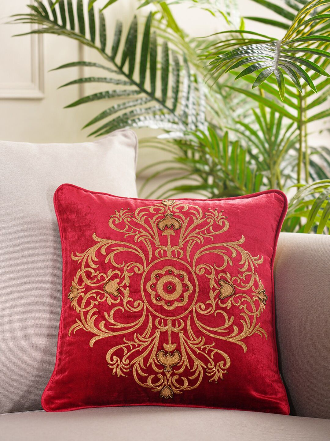 Pure Home and Living Red & Gold-Toned Ethnic Motifs Velvet Square Cushion Covers Price in India