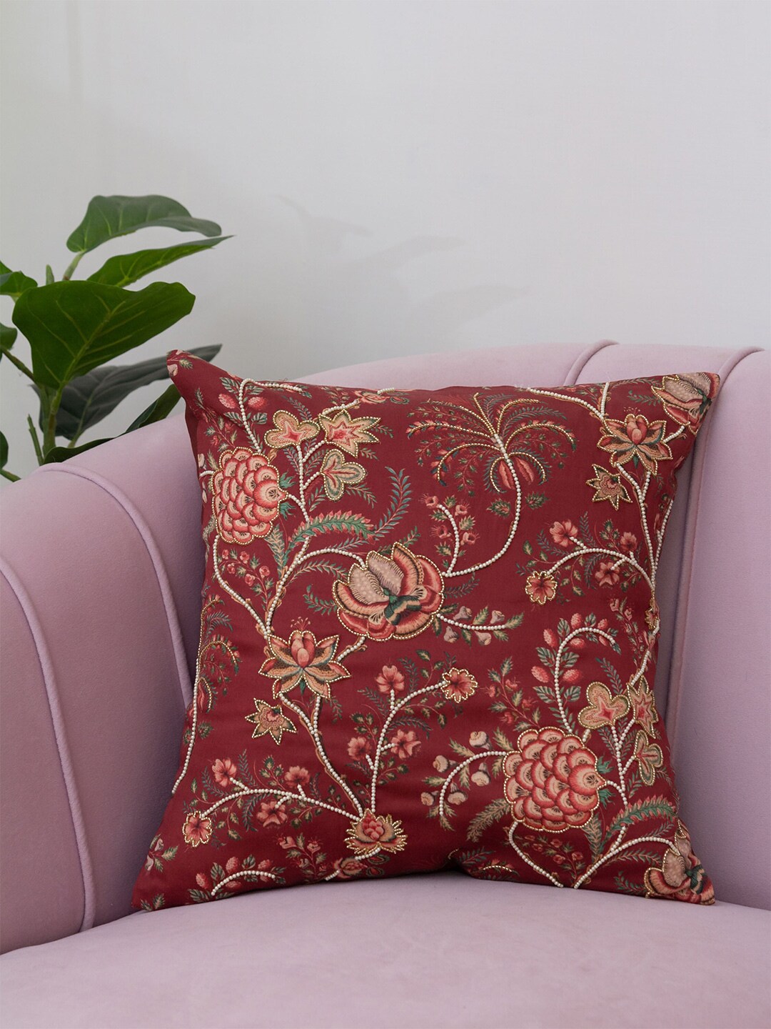 BandBox Red & Green Floral Embroidery Square Cushion Covers Price in India
