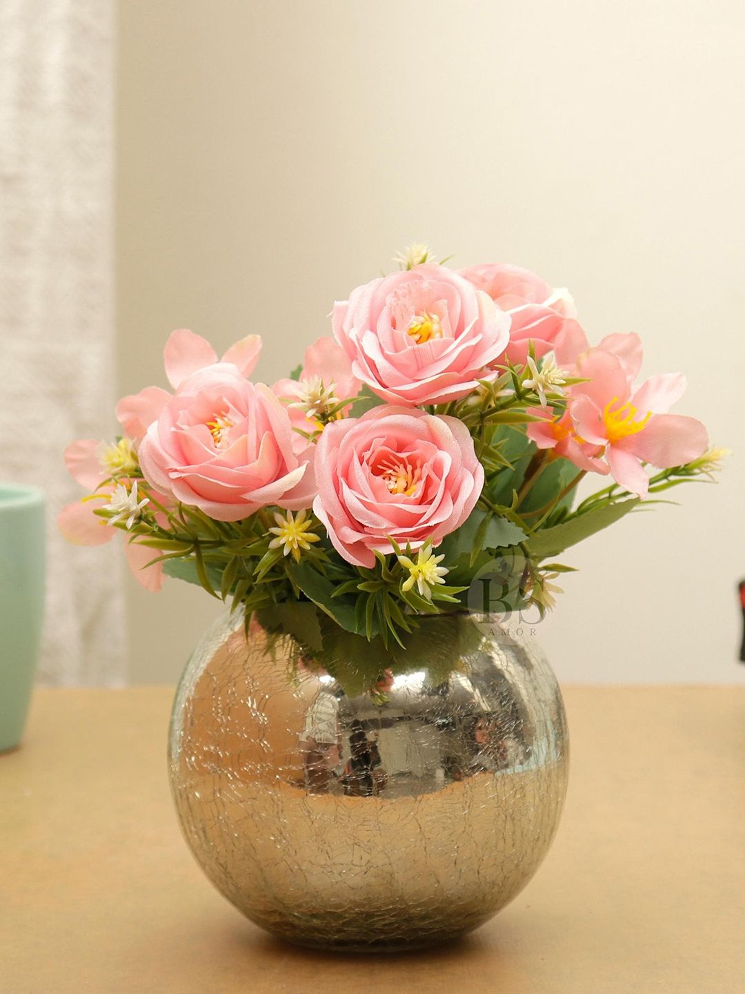 BS AMOR Rose Gold Toned Solid Artificial Flowers and Plants with Glass Vase Price in India