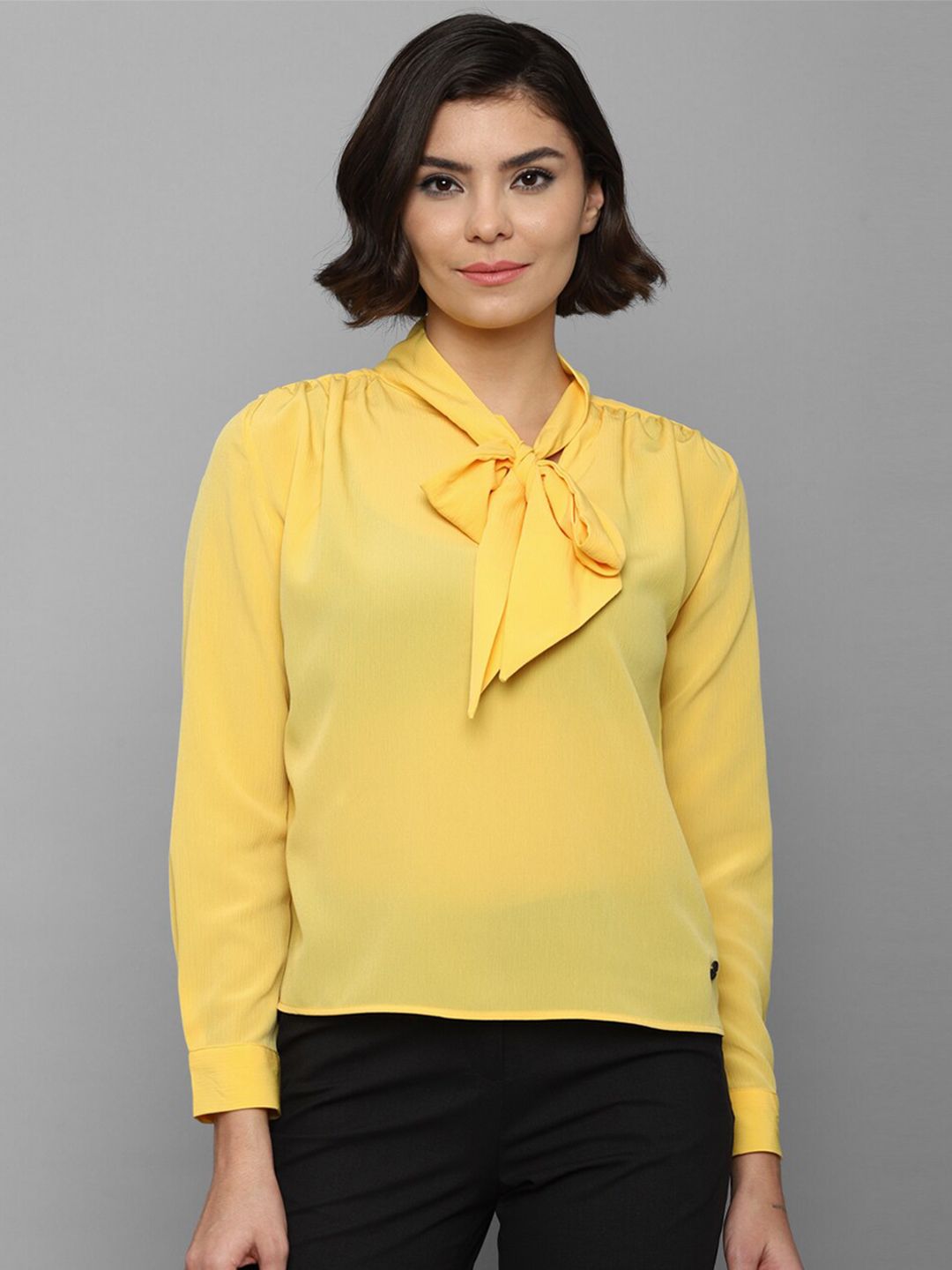 Allen Solly Woman Yellow Solid Tie-Up Neck Long Cuffed Sleeves Top Price in India