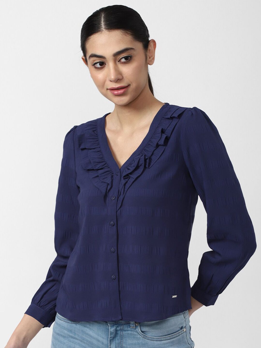 Van Heusen Woman Navy Blue Shirt Style V-Neck Top Price in India
