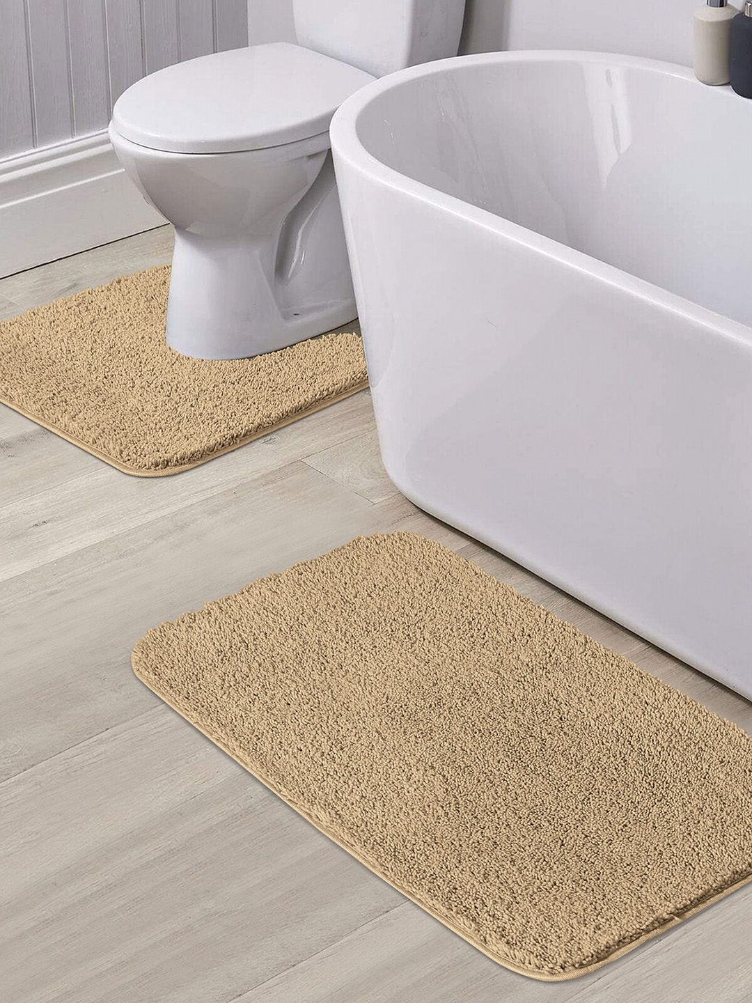 OBSESSIONS Set Of 2 Beige Solid Grace Anti-Skid Bath Rug With Contour Mat Price in India