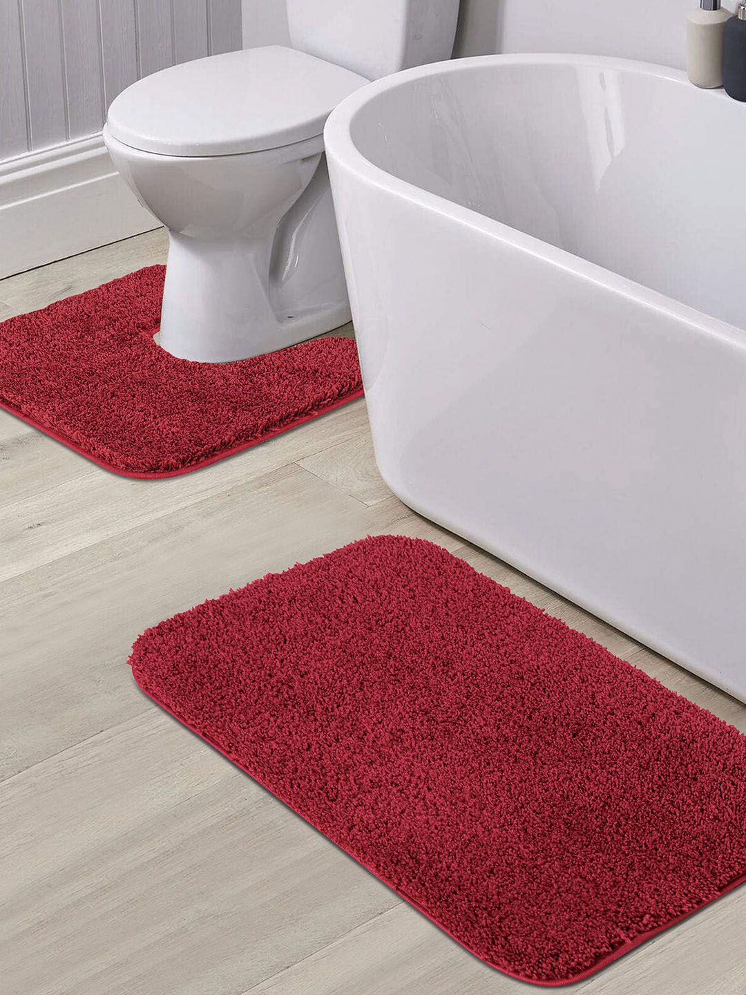 OBSESSIONS Burgundy Solid Anti-skid Bath Mat With Contour Mat Bath Rugs Price in India