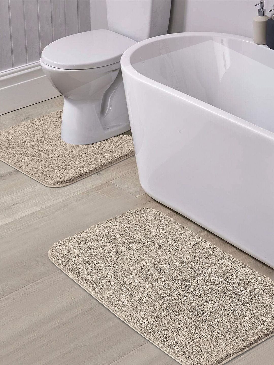 OBSESSIONS Set Of 2 Taupe Solid Anti-skid Bath Rug Price in India