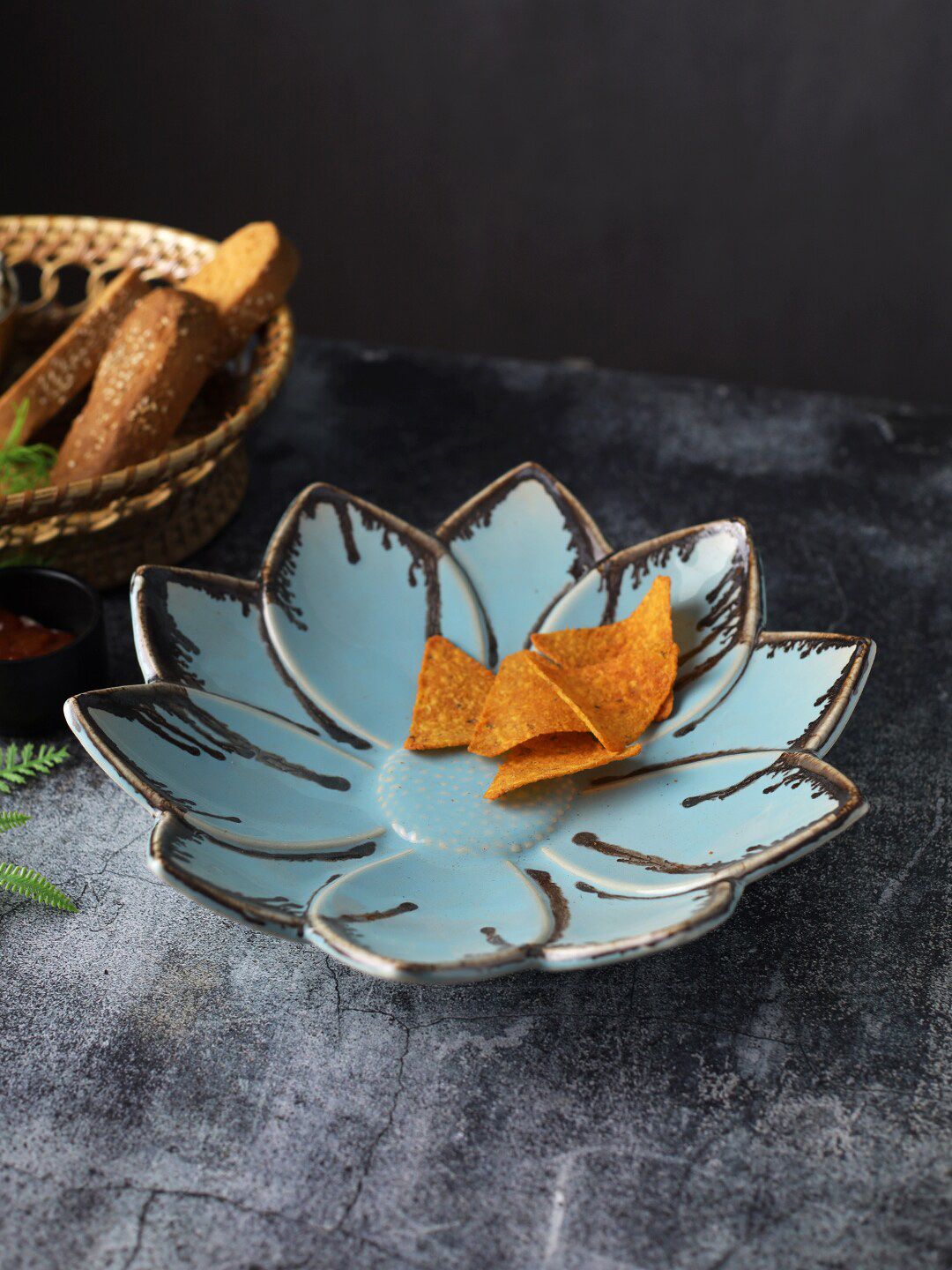 Aapno Rajasthan Blue Lotus Shaped Solid Ceramic Platter Price in India