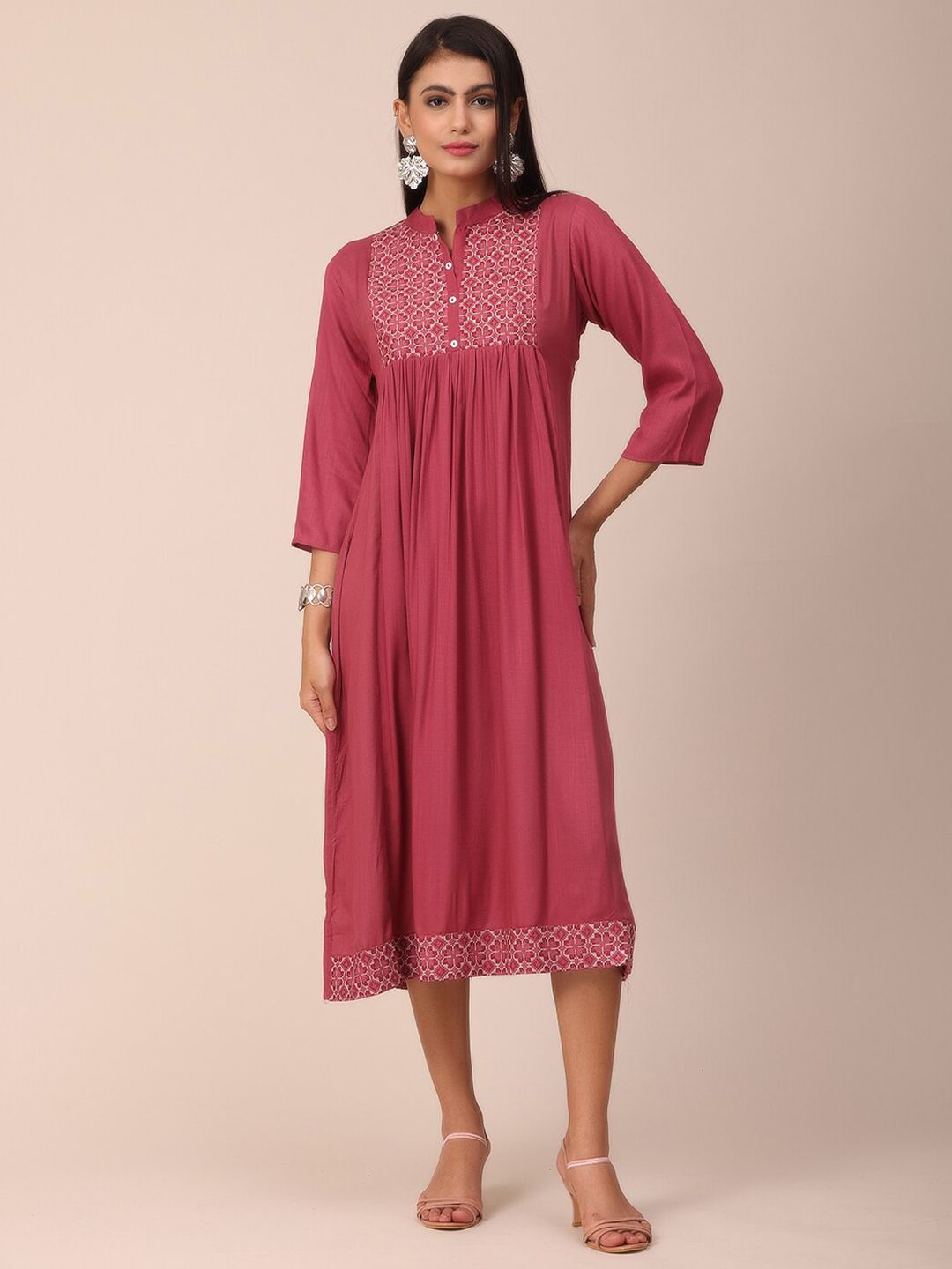 NAYRA Women Pink Solid Yoke Design Thread Work A-Line Cotton Kurta Price in India